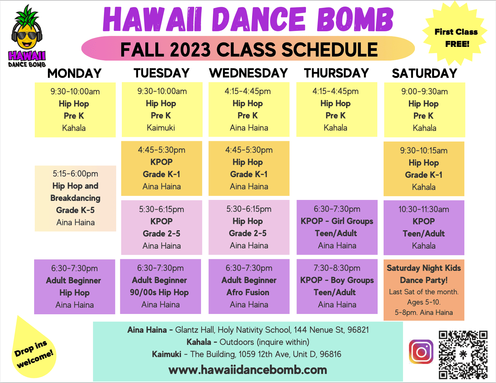 Hawaii Dance Bomb Dance Studio and Silent Disco Fall Schedule